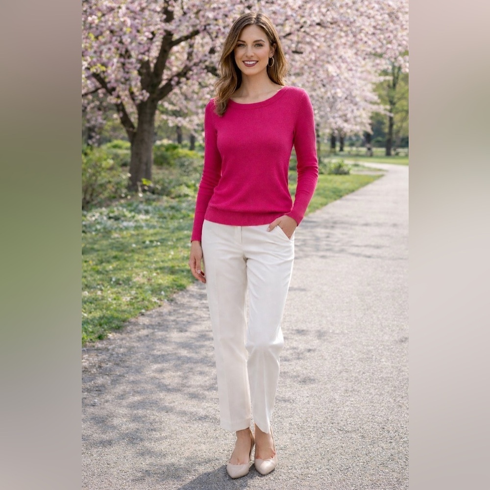 Ellen Tracy Fuchsia Pink Boat Neck Sweater 100% Extra Fine Merino Wool Sz S